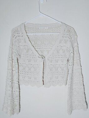 moon & madison Tie Front Bell Sleeve Cropped Crochet Cardigan Sz M Cream